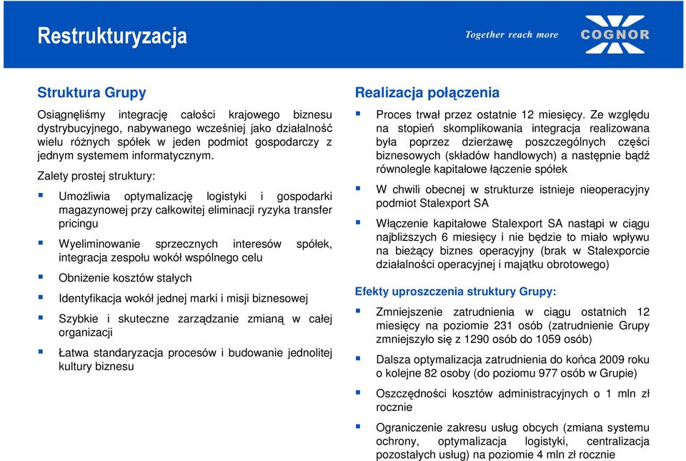 Zalety prostej struktury: UmoŜliwia optymalizację logistyki i gospodarki magazynowej przy całkowitej eliminacji ryzyka transfer pricingu Wyeliminowanie sprzecznych interesów spółek, integracja