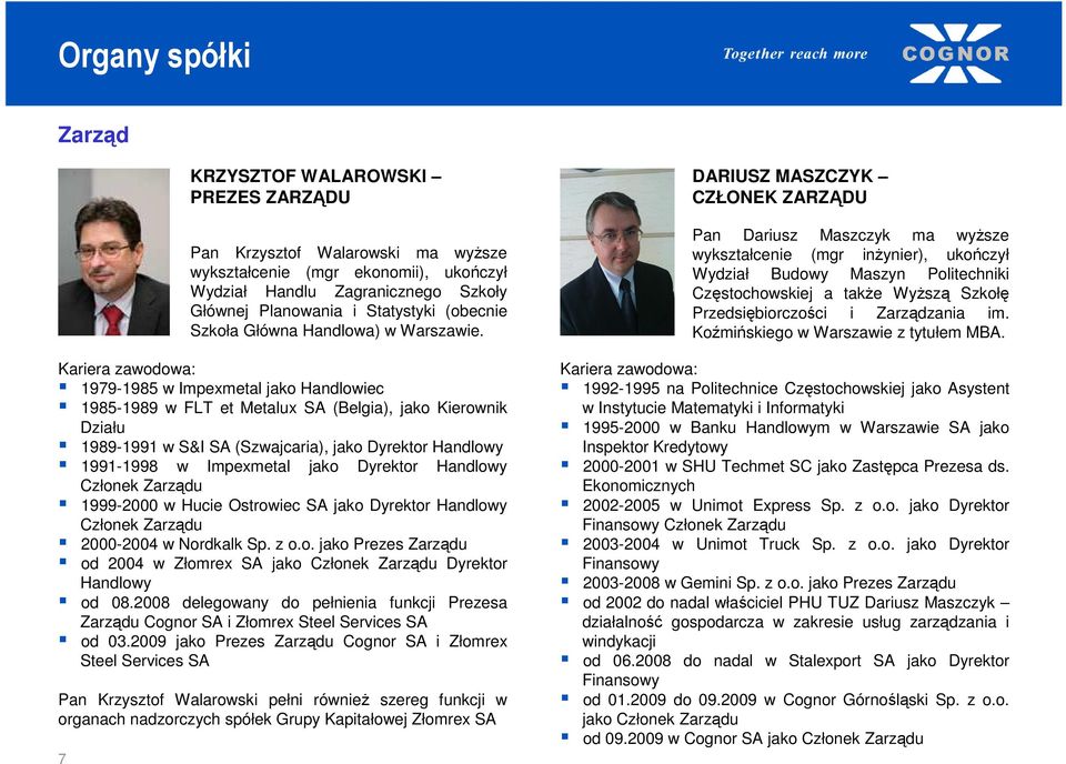 2008 delegowany do pełnienia funkcji Prezesa Zarządu Cognor SA i Złomrex Steel Services SA od 03.