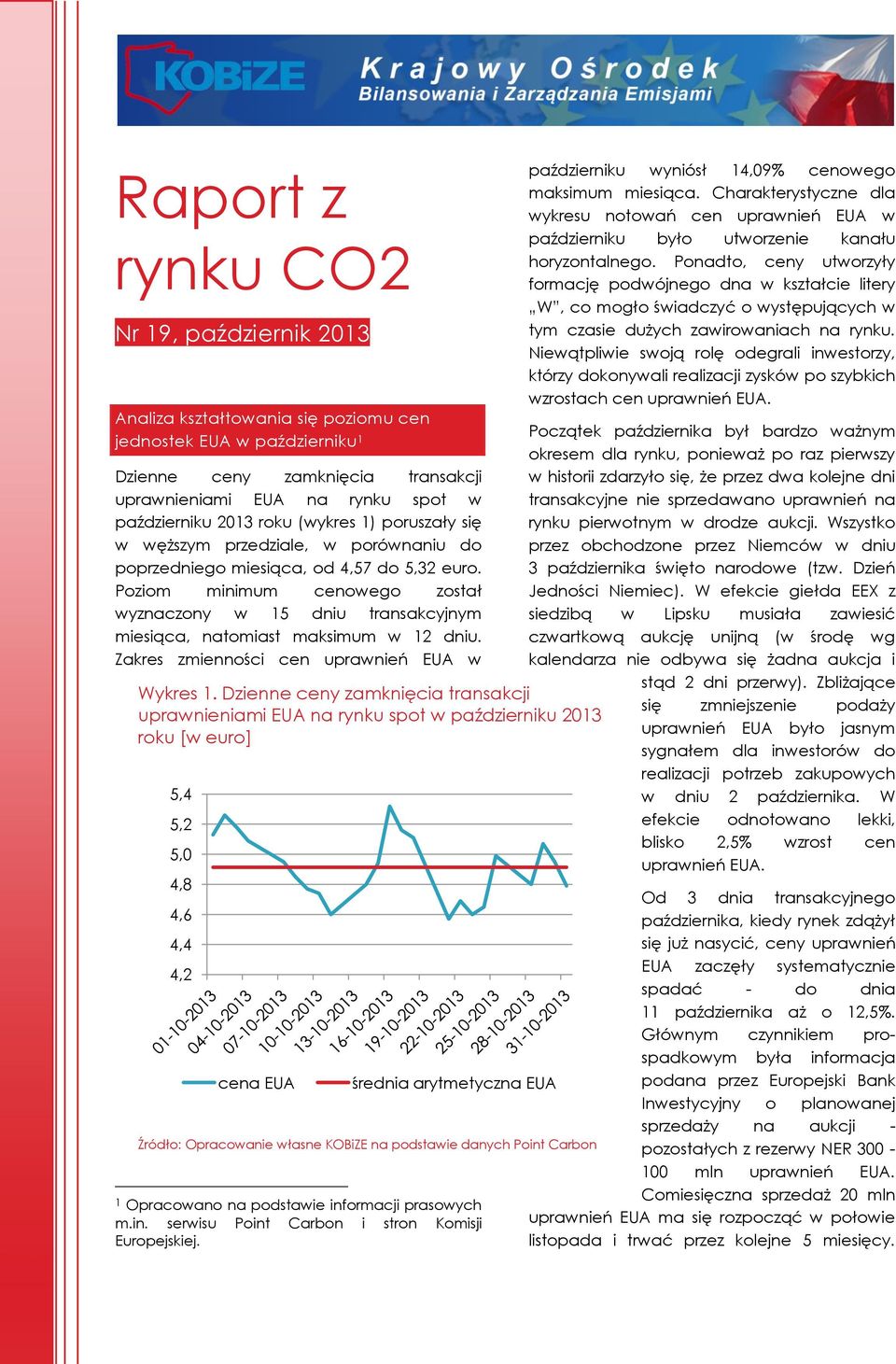 Poziom minimum cenowego został wyznaczony w 15 dniu transakcyjnym miesiąca, natomiast maksimum w 12 dniu. Zakres zmienności cen uprawnień EUA w Wykres 1.