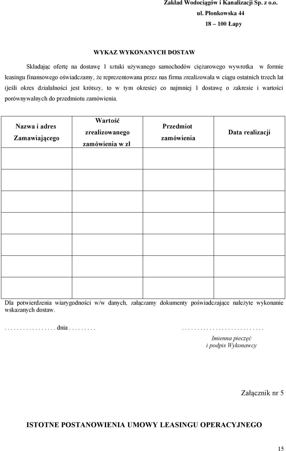 firma zrealizowała w ciągu ostatnich trzech lat (jeśli okres działalności jest krótszy, to w tym okresie) co najmniej 1 dostawę o zakresie i wartości porównywalnych do przedmiotu zamówienia.