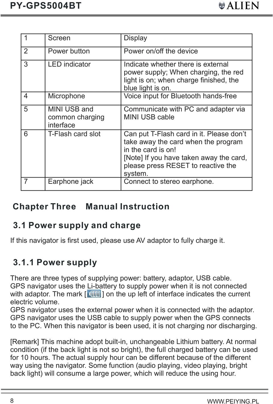 4 Microphone Voice input for Bluetooth hands-free 5 MINI USB and common charging interface Communicate with PC and adapter via MINI USB cable 6 T-Flash card slot Can put T-Flash card in it.