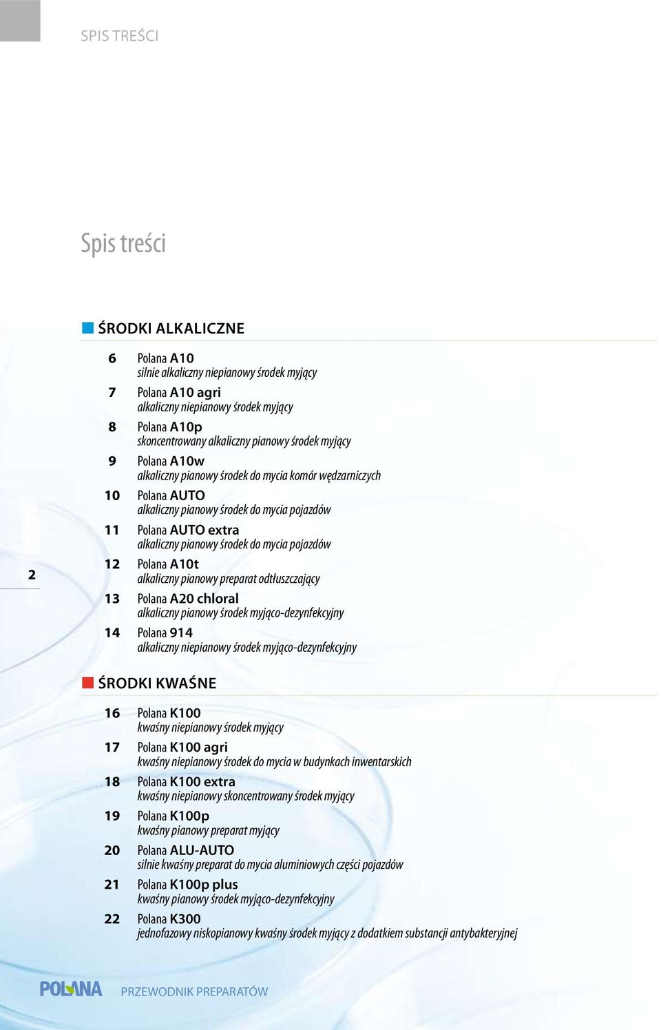 mycia pojazdów 12 Polana A10t alkaliczny pianowy preparat odtłuszczający 13 Polana A20 chloral alkaliczny pianowy środek myjąco-dezynfekcyjny 14 Polana 914 alkaliczny niepianowy środek