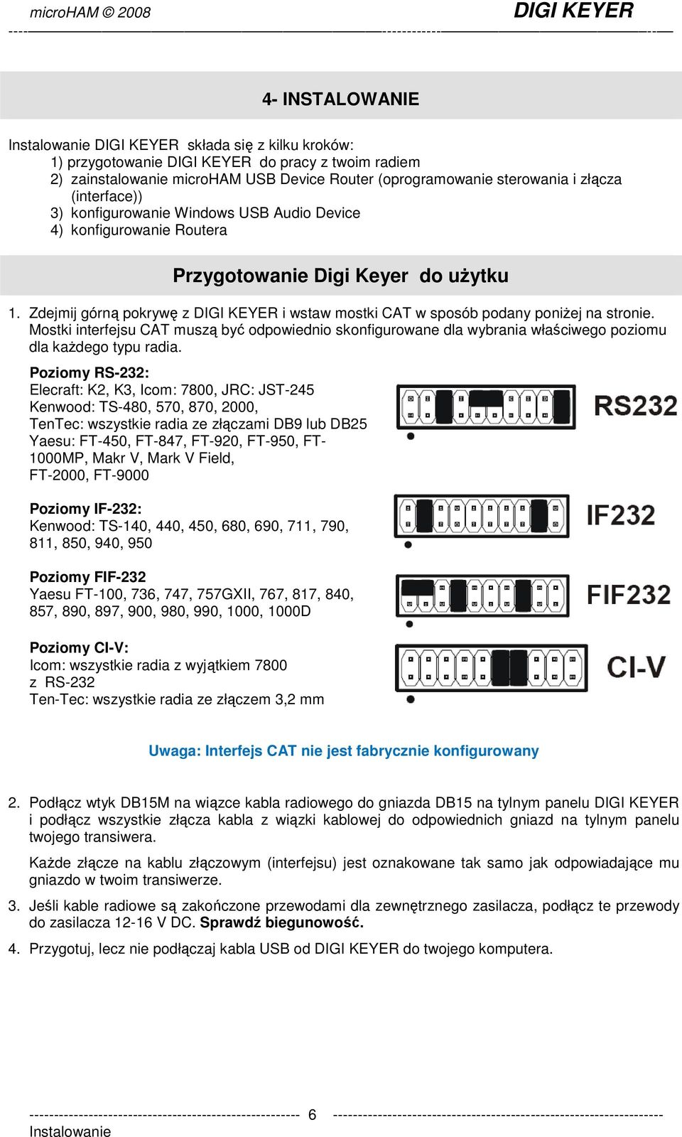 Zdejmij górną pokrywę z DIGI KEYER i wstaw mostki CAT w sposób podany poniŝej na stronie.