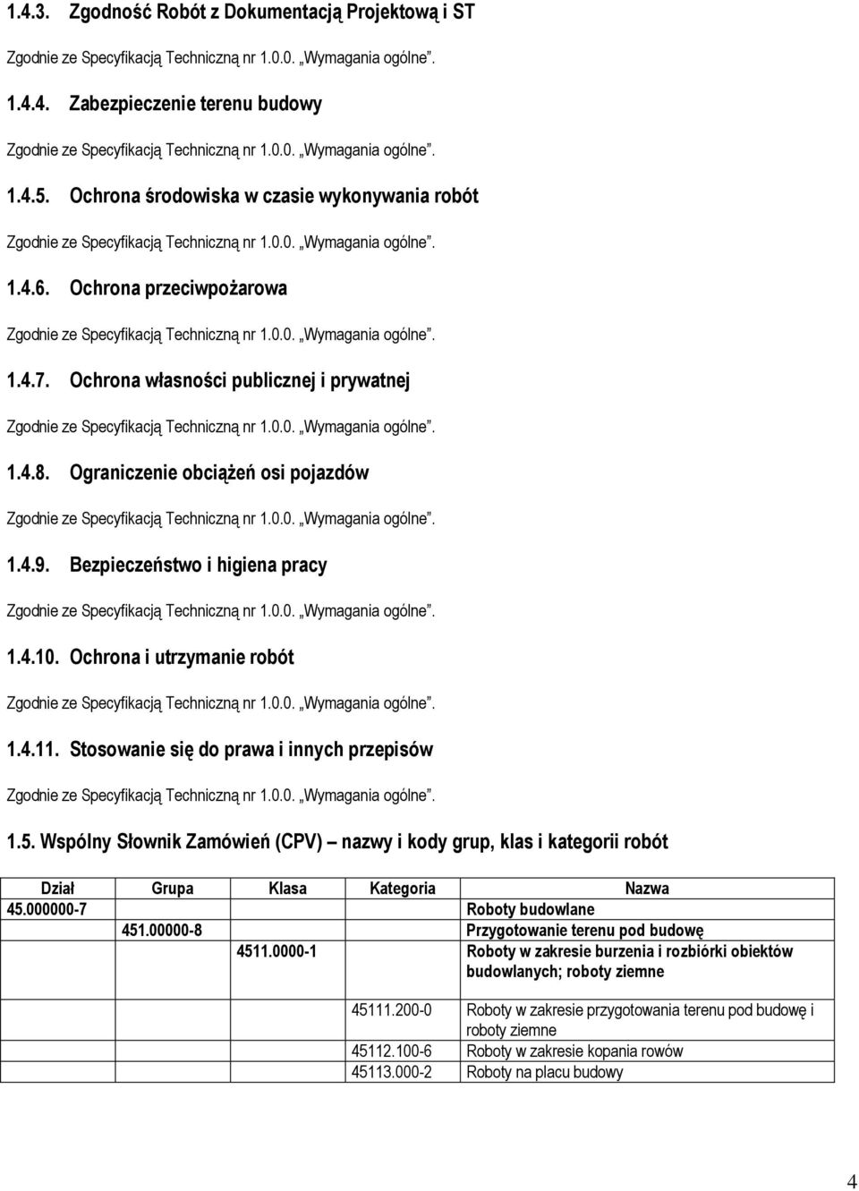 Stosowanie się do prawa i innych przepisów 1.5. Wspólny Słownik Zamówień (CPV) nazwy i kody grup, klas i kategorii robót Dział Grupa Klasa Kategoria Nazwa 45.000000-7 Roboty budowlane 451.