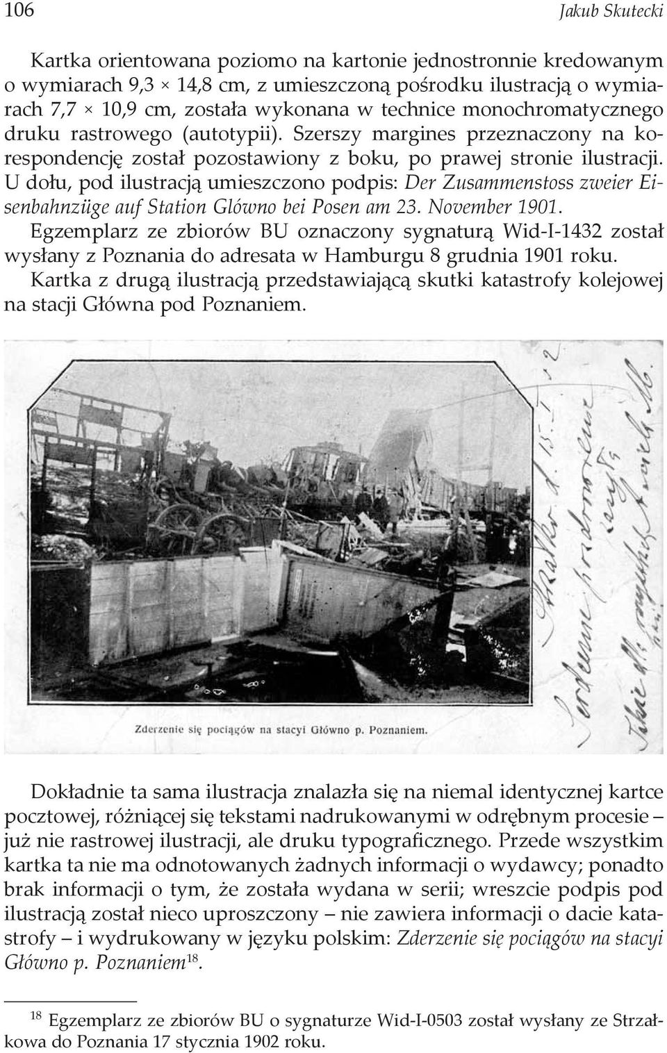 U dołu, pod ilustracją umieszczono podpis: Der Zusammenstoss zweier Eisenbahnzüge auf Station Glówno bei Posen am 23. November 1901.