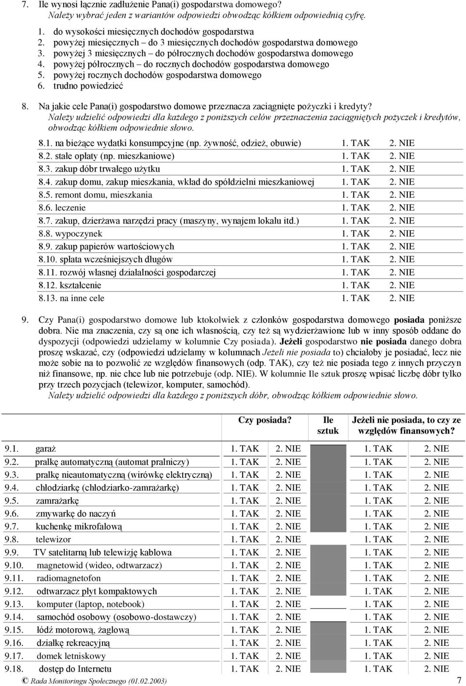 powyżej półrocznych do rocznych dochodów gospodarstwa domowego 5. powyżej rocznych dochodów gospodarstwa domowego 6. trudno powiedzieć 8.