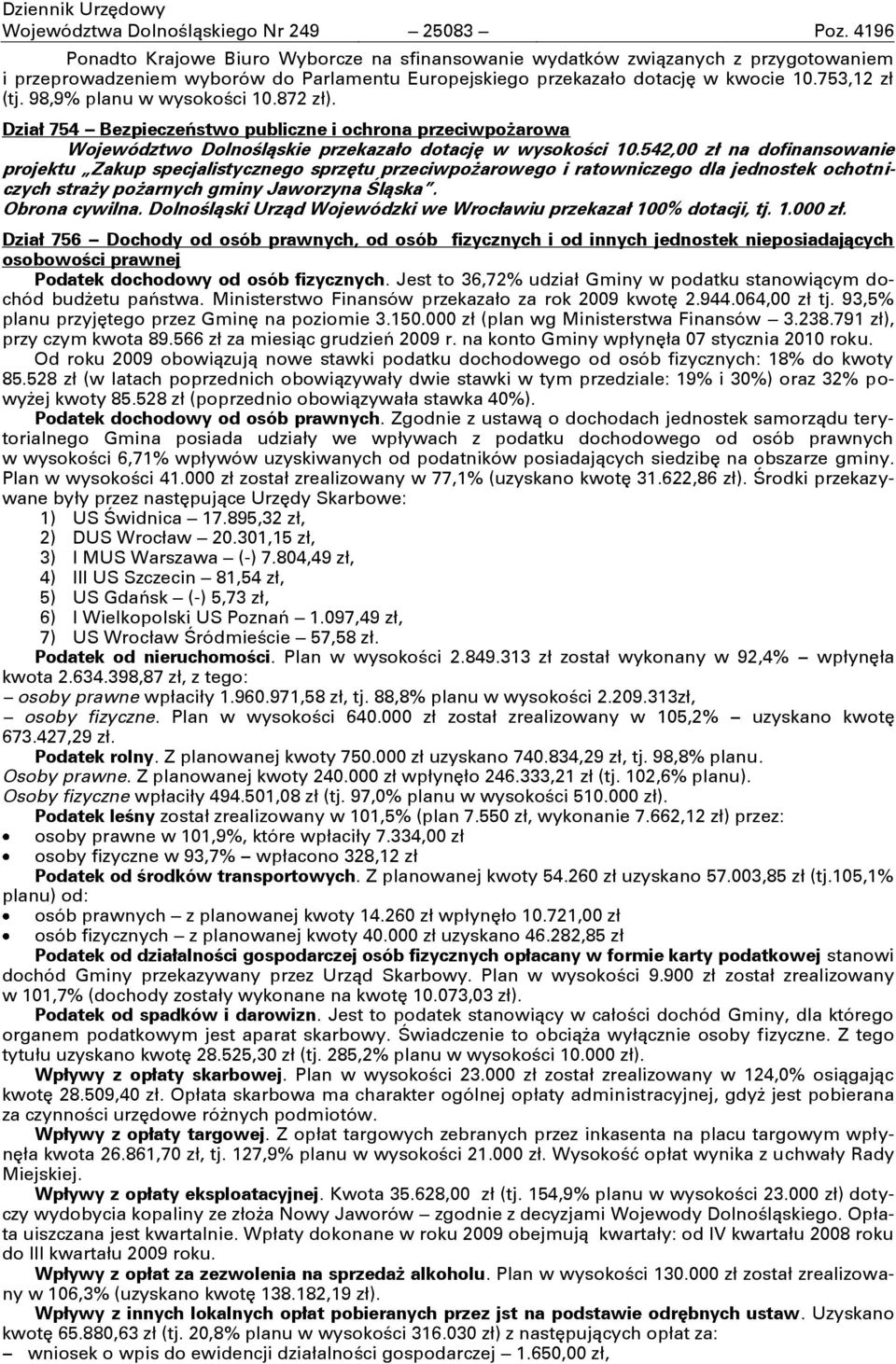 98,9% planu w wysokoņci 10.872 zł). Dział 754 Bezpieczeństwo publiczne i ochrona przeciwpożarowa Województwo Dolnośląskie przekazało dotację w wysokości 10.