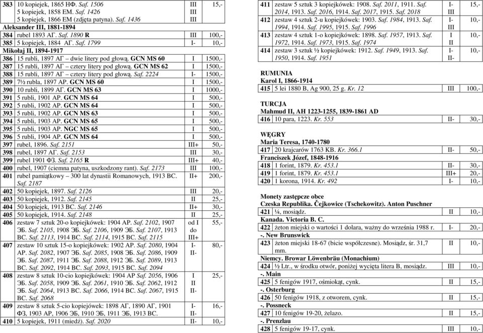 GCN MS 62 I 1500,- 388 15 rubli, 1897 AГ cztery litery pod głową. Saf. 2224 1500,- 389 7½ rubla, 1897 AP. GCN MS 60 I 1500,- 390 10 rubli, 1899 AГ. GCN MS 63 I 1000,- 391 5 rubli, 1901 AP.