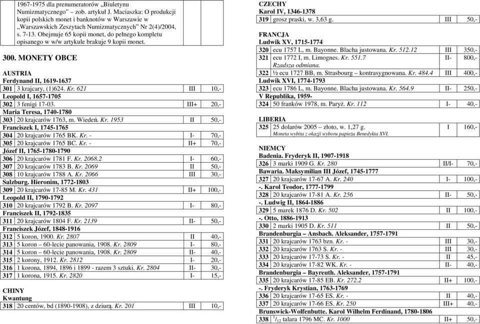 621 10,- Leopold I, 1657-1705 302 3 fenigi 17-03. + 20,- Maria Teresa, 1740-1780 303 20 krajcarów 1763, m. Wiedeń. Kr. 1953 50,- Franciszek I, 1745-1765 304 20 krajcarów 1765 BK. Kr. - 70,- 305 20 krajcarów 1765 BC.