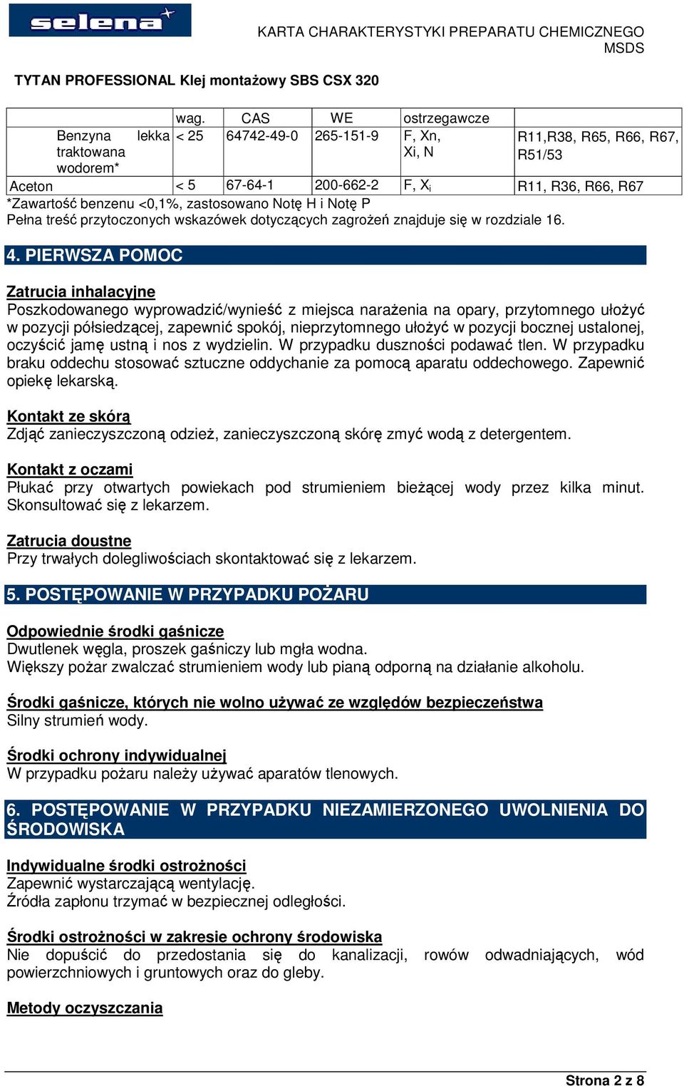 PIERWSZA POMOC R11,R38, R65, R66, R67, R51/53 Zatrucia inhalacyjne Poszkodowanego wyprowadzić/wynieść z miejsca narażenia na opary, przytomnego ułożyć w pozycji półsiedzącej, zapewnić spokój,