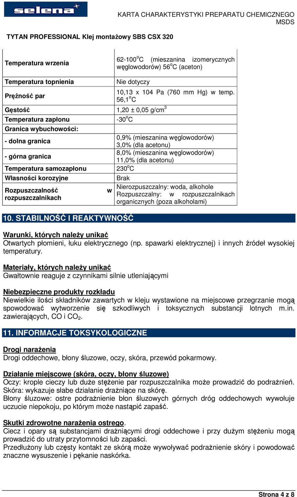 STABILNOŚĆ I REAKTYWNOŚĆ 0,9% (mieszanina węglowodorów) 3,0% (dla acetonu) 8,0% (mieszanina węglowodorów) 11,0% (dla acetonu) 230 o C Brak Nierozpuszczalny: woda, alkohole w Rozpuszczalny: w