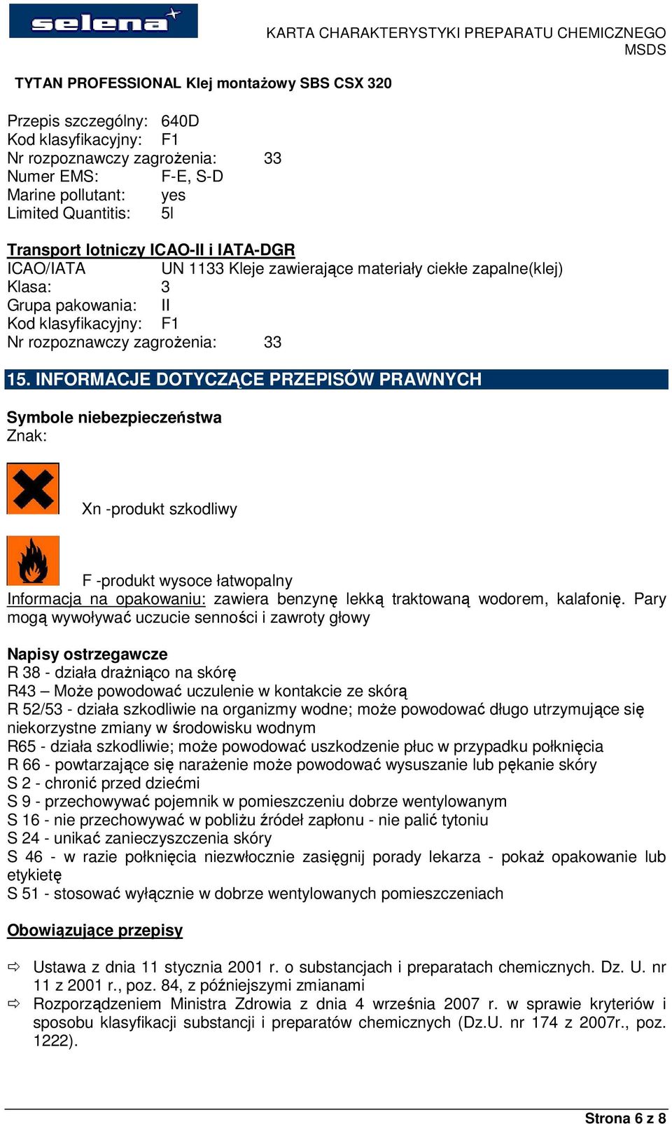 INFORMACJE DOTYCZĄCE PRZEPISÓW PRAWNYCH Symbole niebezpieczeństwa Znak: Xn -produkt szkodliwy F -produkt wysoce łatwopalny Informacja na opakowaniu: zawiera benzynę lekką traktowaną wodorem,