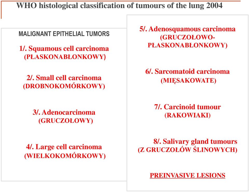 Adenosquamous carcinoma (GRUCZOŁOWO- PŁASKONABŁONKOWY) 6/. Sarcomatoid carcinoma (MIĘSAKOWATE) 3/.
