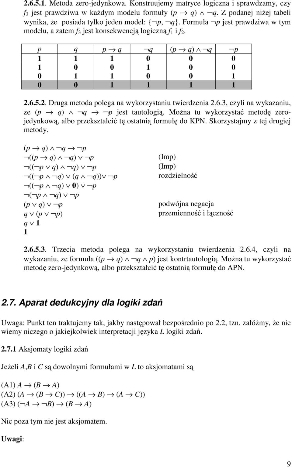 p q p q q (p q) q p 1 1 1 0 0 0 1 0 0 1 0 0 0 1 1 0 0 1 0 0 1 1 1 1 2.6.5.2. Druga metoda polega na wykorzystaniu twierdzenia 2.6.3, czyli na wykazaniu, ze (p q) q p jest tautologią.