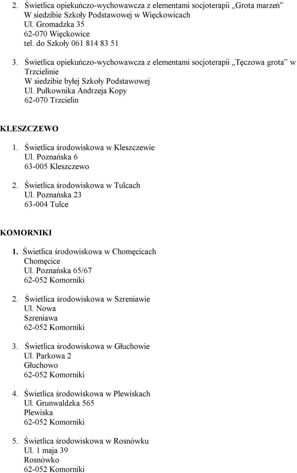 Świetlica środowiskowa w Kleszczewie Ul. Poznańska 6 63-005 Kleszczewo 2. Świetlica środowiskowa w Tulcach Ul. Poznańska 23 63-004 Tulce KOMORNIKI 1. Świetlica środowiskowa w Chomęcicach Chomęcice Ul.