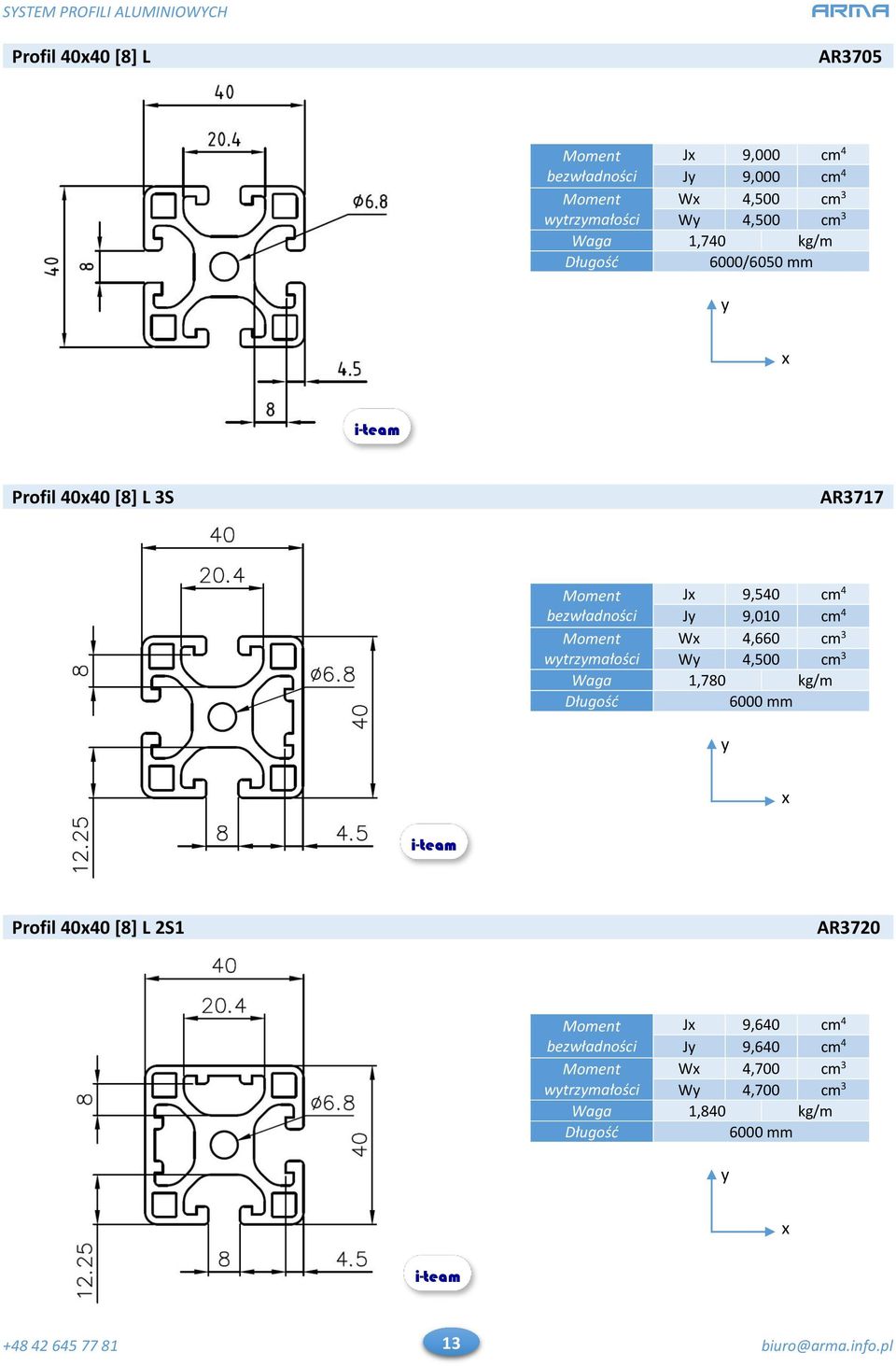 W 4,660 cm 3 wtrzmałości W 4,500 cm 3 Waga 1,780 kg/m 6000 mm i-team Profil 4040 [8] L 2S1 AR3720 Moment J 9,640 cm 4