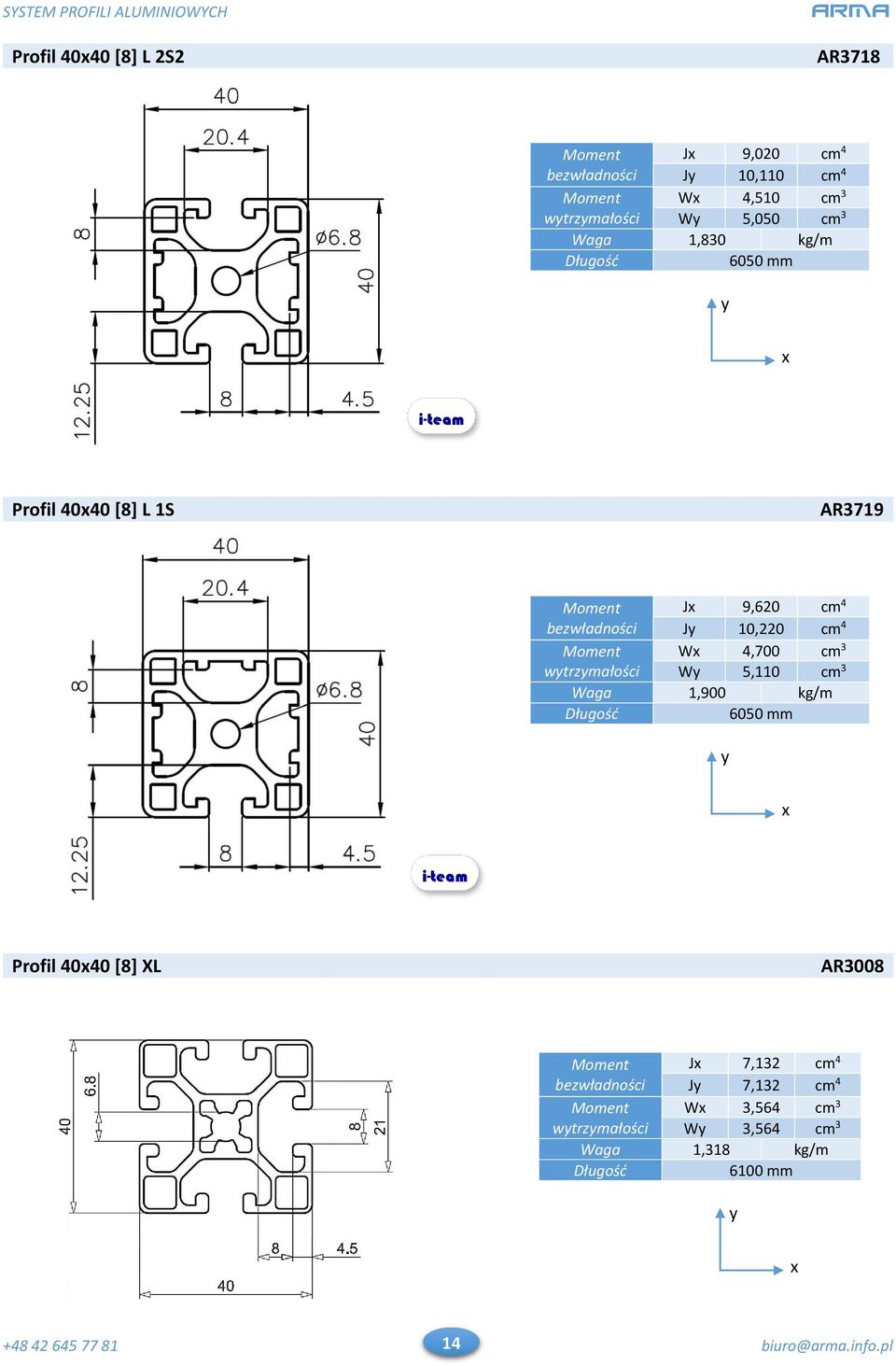 Moment W 4,700 cm 3 wtrzmałości W 5,110 cm 3 Waga 1,900 kg/m 6050 mm i-team Profil 4040 [8] XL AR3008 Moment J