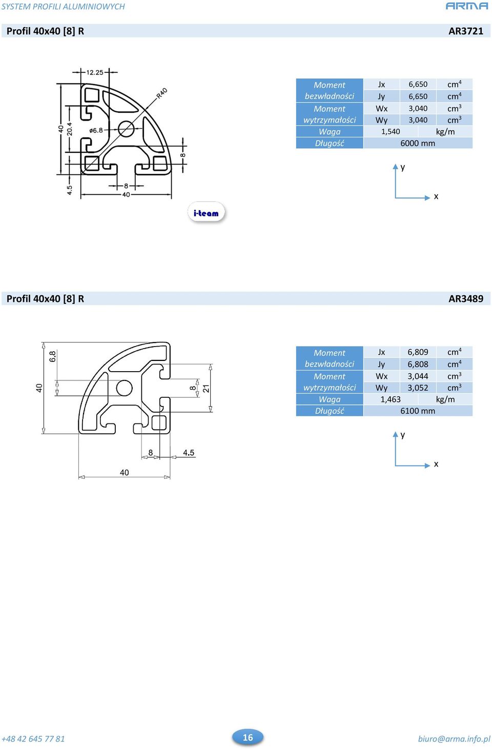 Profil 4040 [8] R AR3489 Moment J 6,809 cm 4 bezwładności J 6,808 cm 4