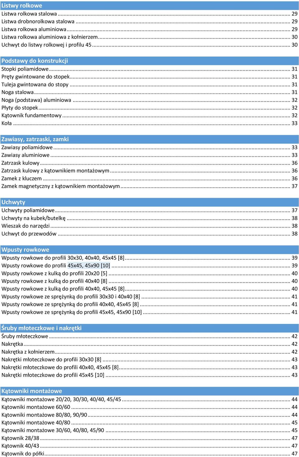 .. 32 Kątownik fundamentow... 32 Koła... 33 Zawias, zatrzaski, zamki Zawias poliamidowe... 33 Zawias aluminiowe... 33 Zatrzask kulow... 36 Zatrzask kulow z kątownikiem montażowm... 36 Zamek z kluczem.