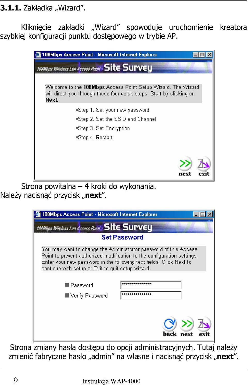 dostępowego w trybie AP. Strona powitalna 4 kroki do wykonania.