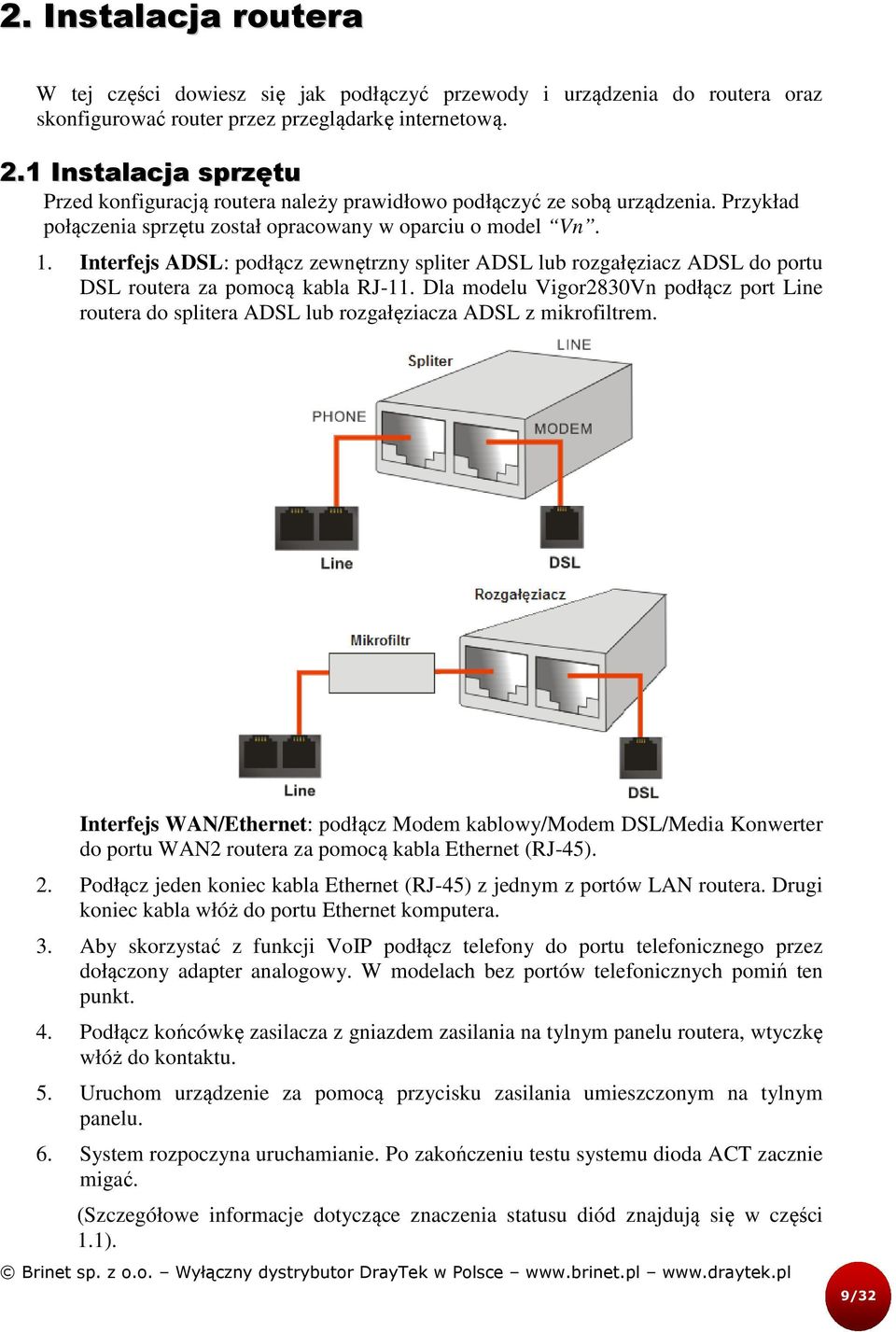 Interfejs ADSL: podłącz zewnętrzny spliter ADSL lub rozgałęziacz ADSL do portu DSL routera za pomocą kabla RJ-11.