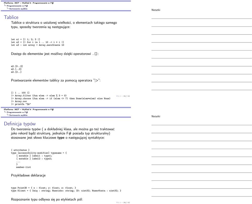 . 100 ] > Array.filter (fun elem -> elem % 3 = 0) > Array.choose (fun elem -> if (elem <> 7) then Some(elem*elem) else None) > Array.rev > printfn "%A" V1.1 35/ 52 Platforma.