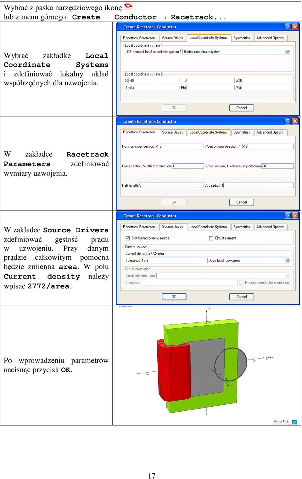 W zakładce Racetrack Parameters zdefiniować wymiary uzwojenia.