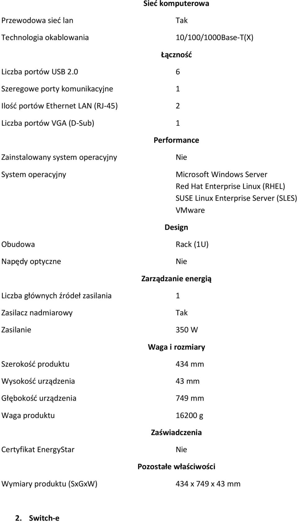 Server Red Hat Enterprise Linux (RHEL) SUSE Linux Enterprise Server (SLES) VMware Design Obudowa Napędy optyczne Rack (1U) Nie Zarządzanie energią Liczba głównych źródeł zasilania 1