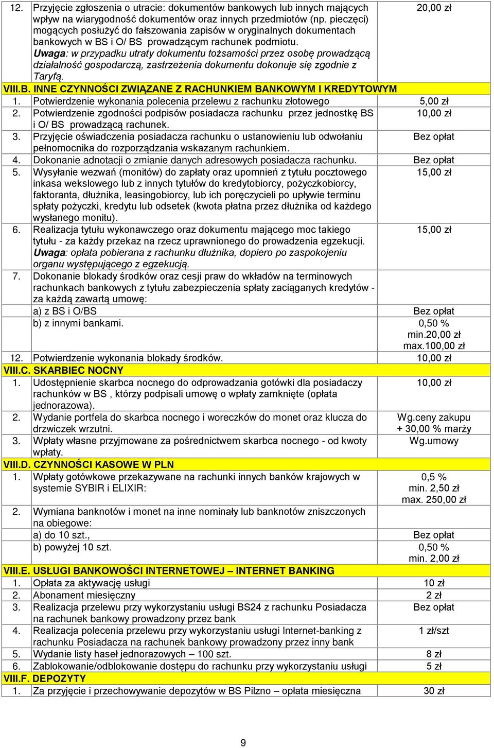 w przypadku utraty dokumentu tożsamości przez osobę prowadzącą działalność gospodarczą, zastrzeżenia dokumentu dokonuje się zgodnie z Taryfą. VIII.B.