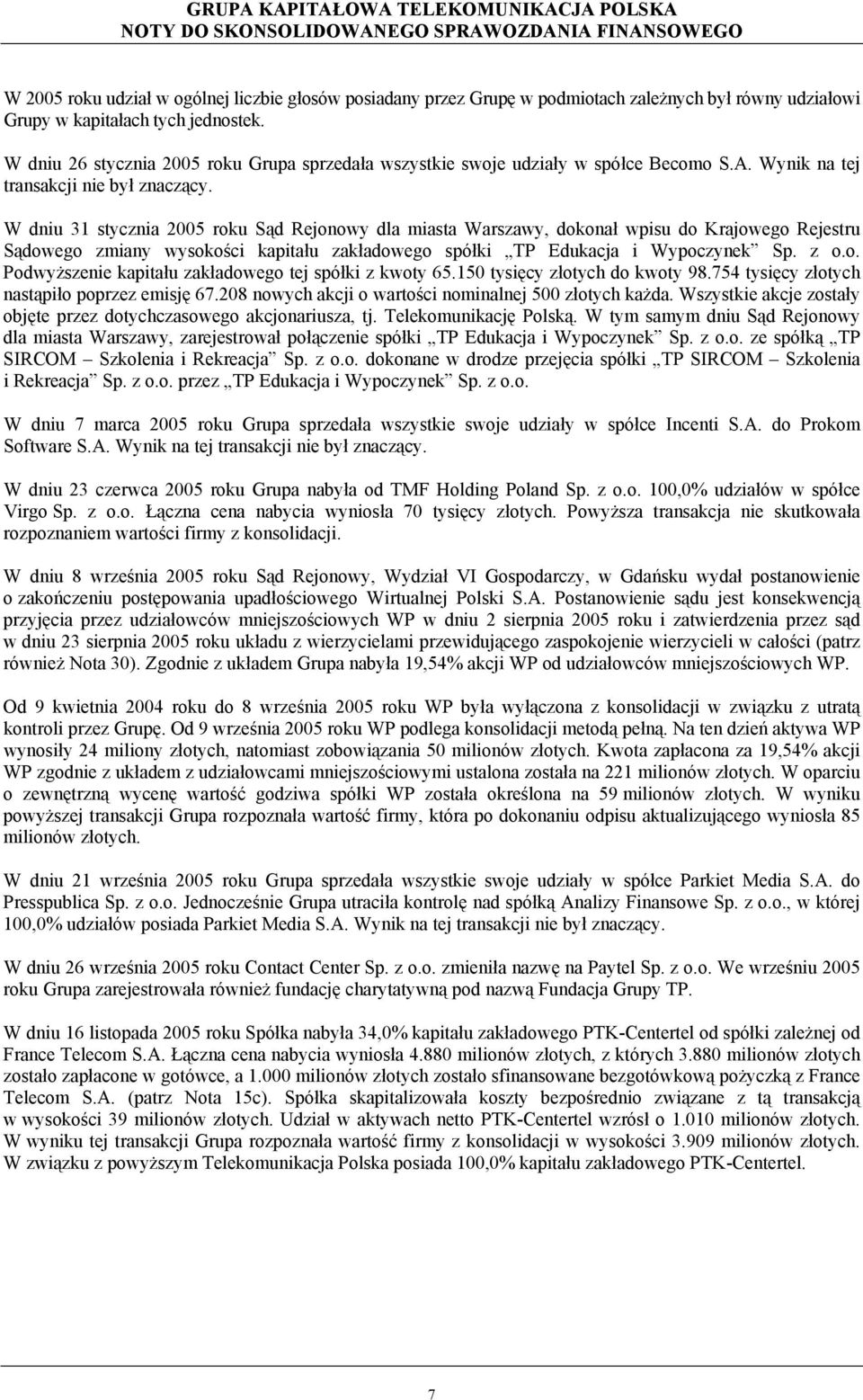 W dniu 31 stycznia 2005 roku Sąd Rejonowy dla miasta Warszawy, dokonał wpisu do Krajowego Rejestru Sądowego zmiany wysokości kapitału zakładowego spółki TP Edukacja i Wypoczynek Sp. z o.o. Podwyższenie kapitału zakładowego tej spółki z kwoty 65.