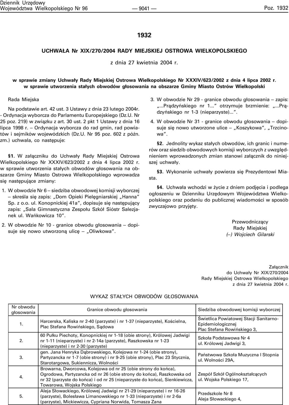 w sprawie utworzenia sta³ych obwodów g³osowania na obszarze Gminy Miasto Ostrów Wielkopolski Rada Miejska Na podstawie art. 42 ust. 3 Ustawy z dnia 23 lutego 2004r.