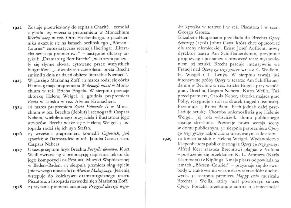 pojawiły się słynne słowa, cytowane przez wszystkich biografów:... dwudziestoczteroletni poeta Brecht zmienił z dnia na dzień oblicze literackie Niemiec". 1923 Wiąże się z Marianną Zoff.