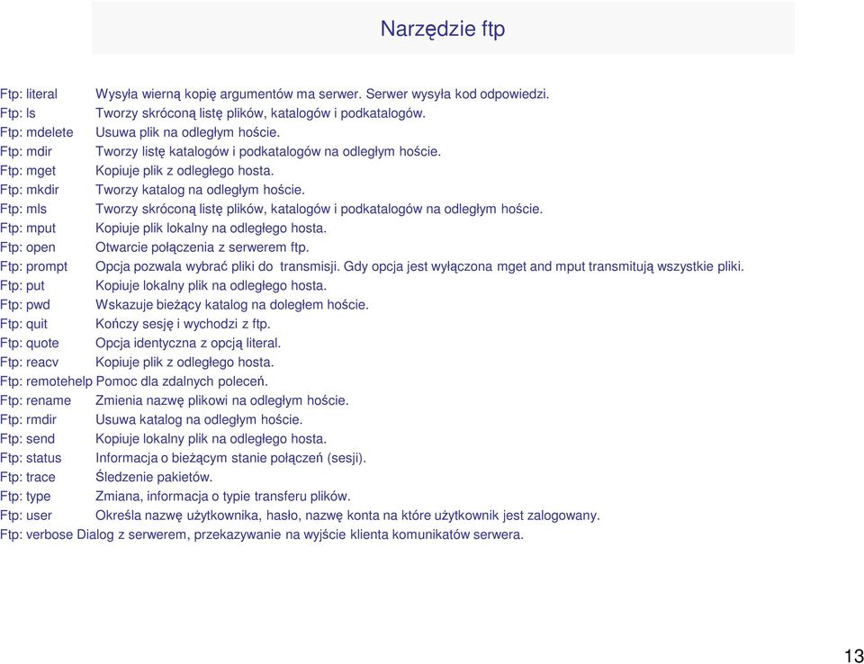 Ftp: mls Tworzy skróconą listę plików, katalogów i podkatalogów na odległym hoście. Ftp: mput Kopiuje plik lokalny na odległego hosta. Ftp: open Otwarcie połączenia z serwerem ftp.