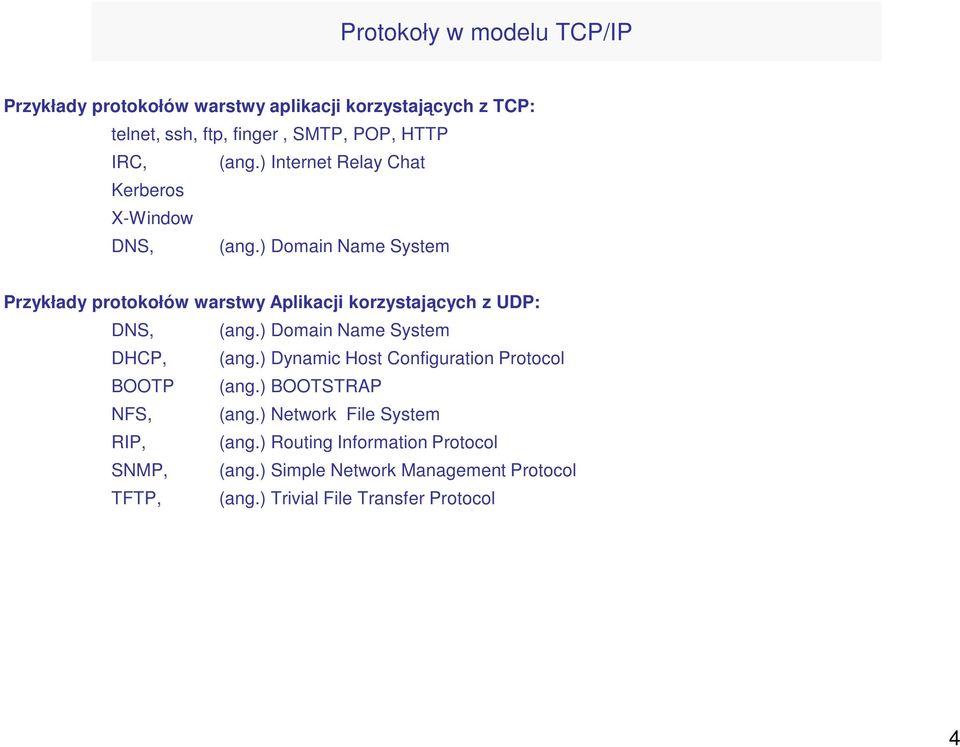 ) Domain Name System Przykłady protokołów warstwy Aplikacji korzystających z UDP: DNS, (ang.) Domain Name System DHCP, (ang.