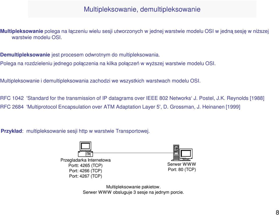 Multipleksowanie i demultipleksowania zachodzi we wszystkich warstwach modelu OSI. RFC 1042 'Standard for the transmission of IP datagrams over IEEE 802 Networks J. Postel, J.K.