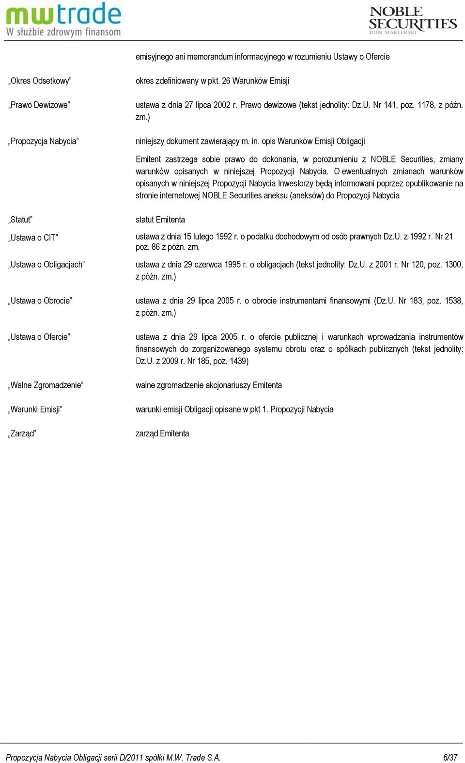 opis Warunków Emisji Obligacji Statut Ustawa o CIT Emitent zastrzega sobie prawo do dokonania, w porozumieniu z NOBLE Securities, zmiany warunków opisanych w niniejszej Propozycji Nabycia.