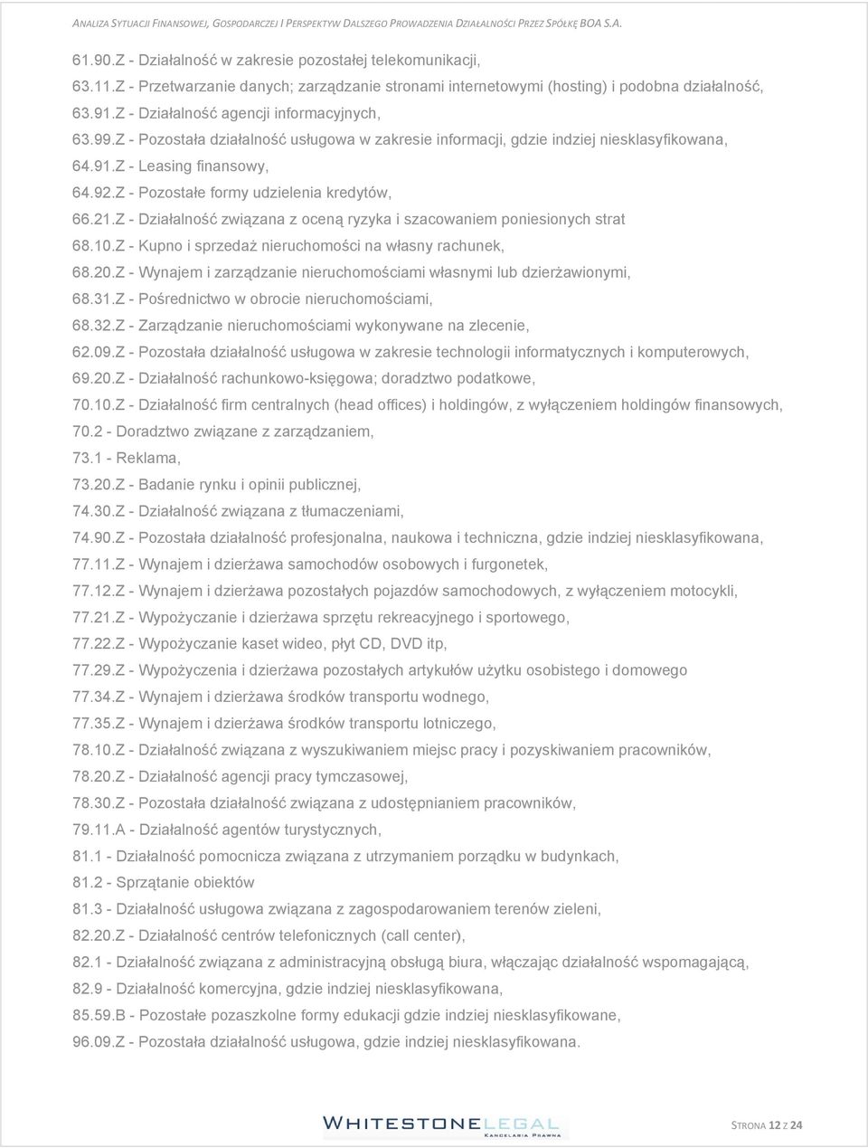 Z - Pozostałe formy udzielenia kredytów, 66.21.Z - Działalność związana z oceną ryzyka i szacowaniem poniesionych strat 68.10.Z - Kupno i sprzedaż nieruchomości na własny rachunek, 68.20.