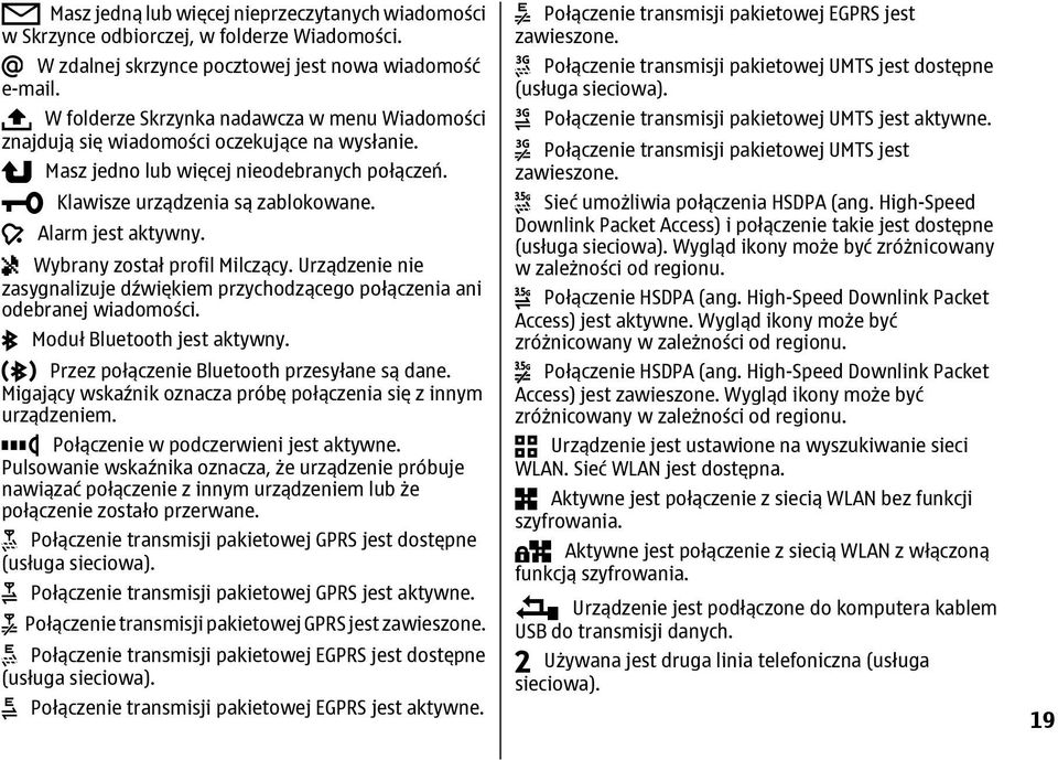 Wybrany został profil Milczący. Urządzenie nie zasygnalizuje dźwiękiem przychodzącego połączenia ani odebranej wiadomości. Moduł Bluetooth jest aktywny. Przez połączenie Bluetooth przesyłane są dane.