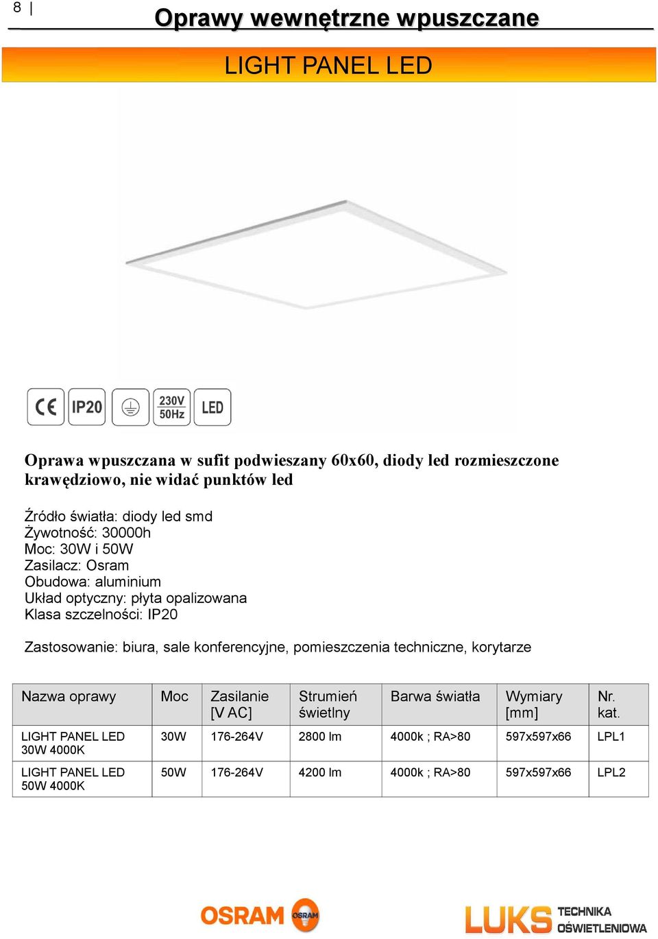 opalizowana Klasa szczelności: IP20 Zastosowanie: biura, sale konferencyjne, pomieszczenia techniczne, korytarze LIGHT PANEL