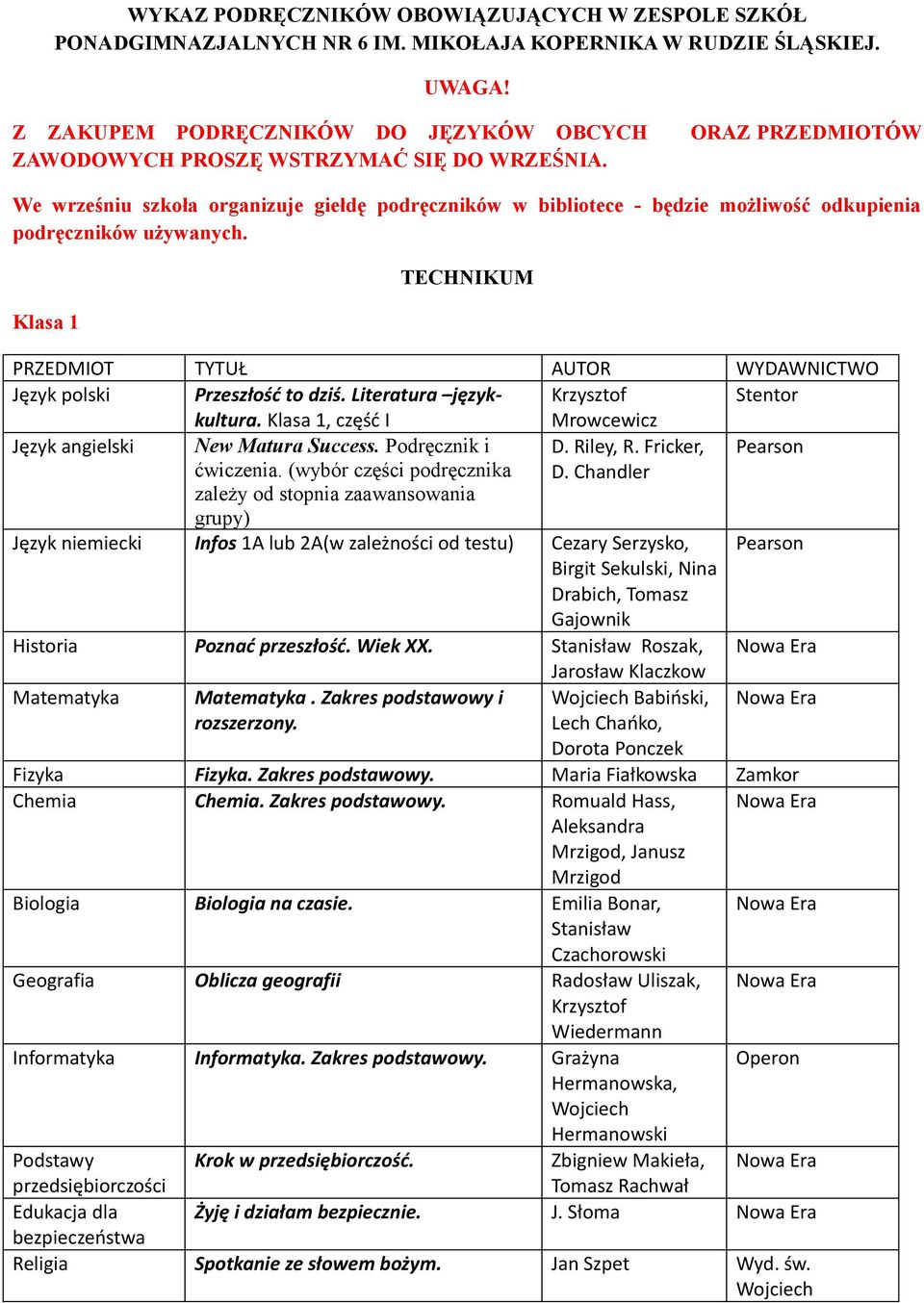 ORAZ PRZEDMIOTÓW We wrześniu szkoła organizuje giełdę podręczników w bibliotece - będzie możliwość odkupienia podręczników używanych. Klasa 1 TECHNIKUM Język polski Przeszłość to dziś.