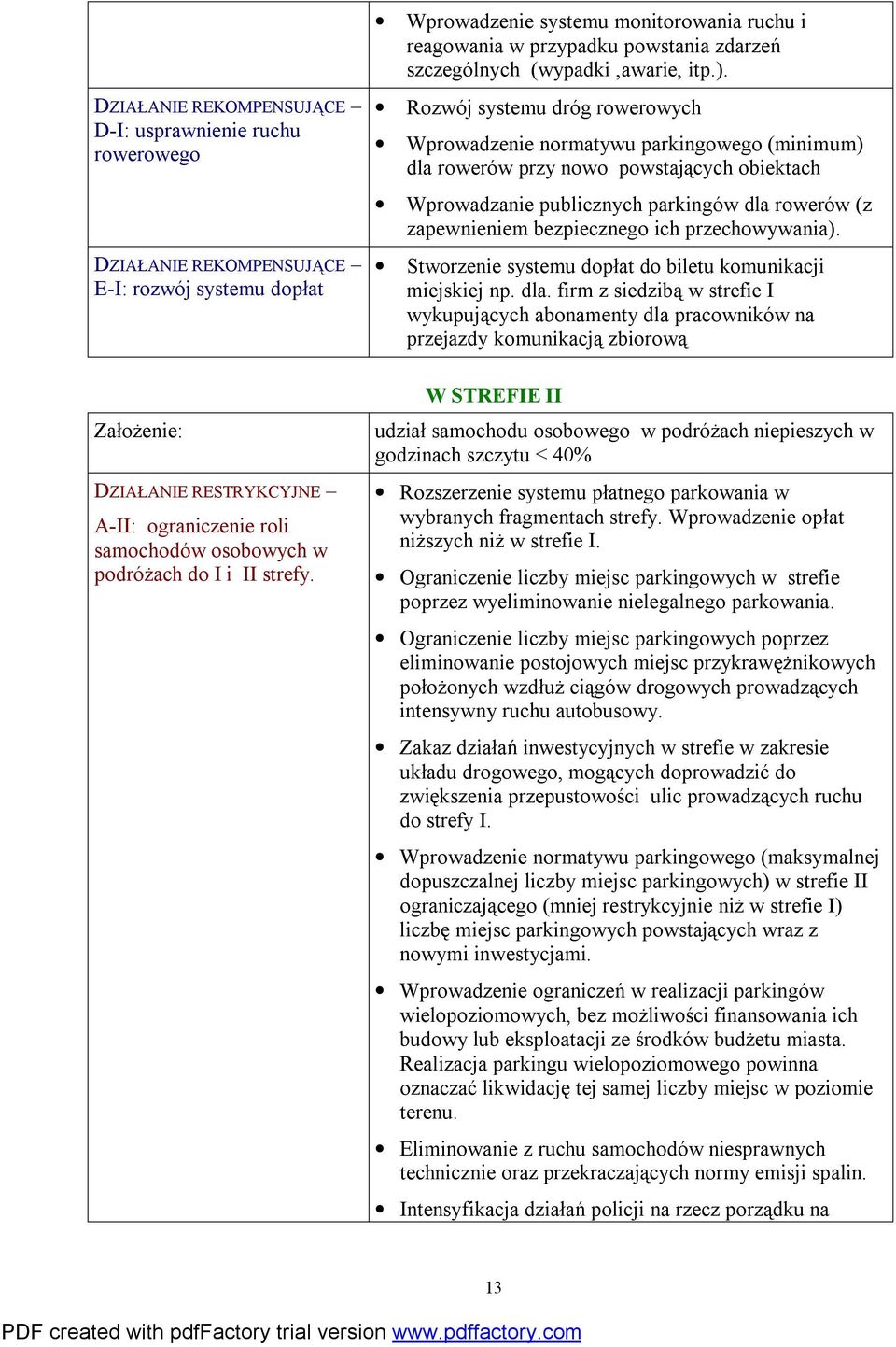 Rozwój systemu dróg rowerowych Wprowadzenie normatywu parkingowego (minimum) dla rowerów przy nowo powstających obiektach Wprowadzanie publicznych parkingów dla rowerów (z zapewnieniem bezpiecznego