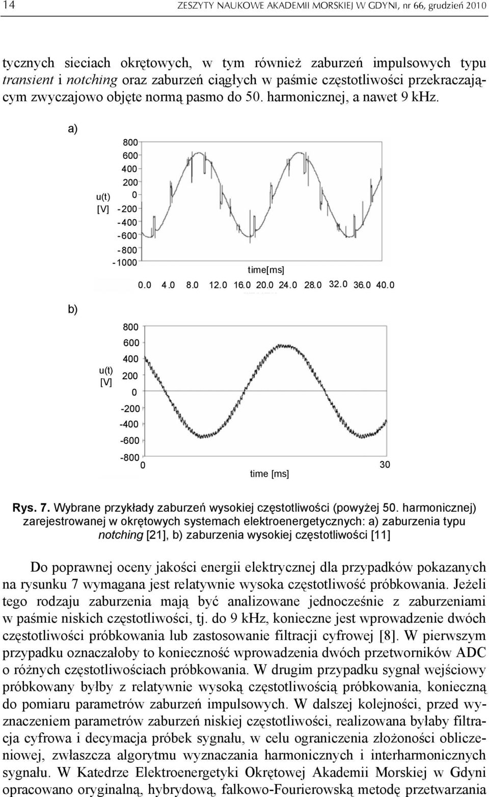 0 36.0 40.0 b) u(t) [V] 800 600 400 200 0-200 -400-600 -800 0 time [ms] 30 Rys. 7. Wybrane przykłady zaburzeń wysokiej częstotliwości (powyżej 50.
