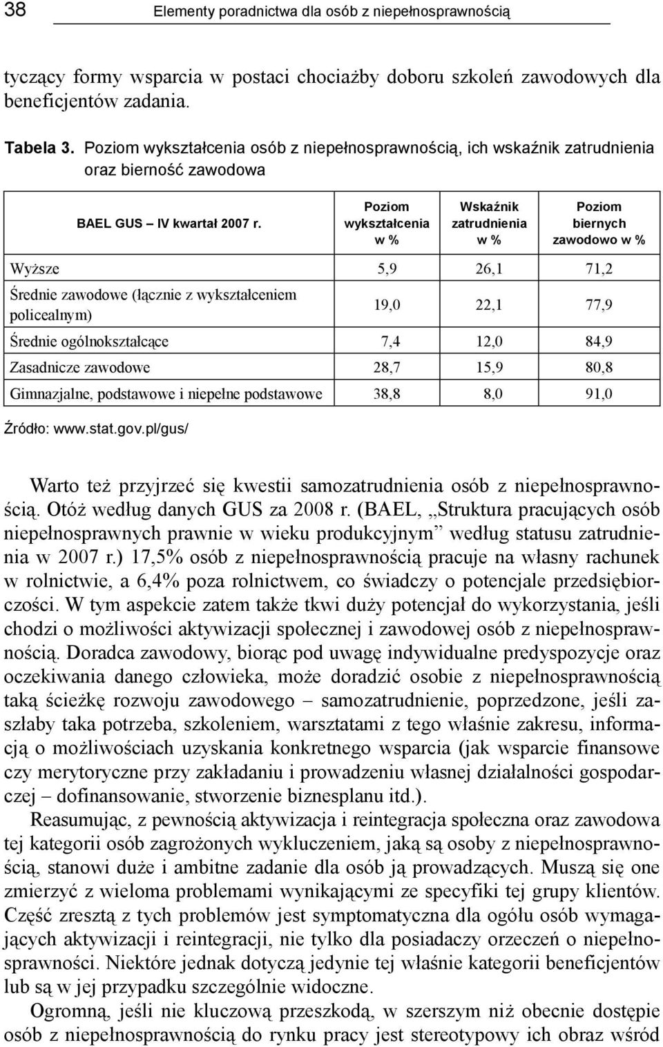 Poziom wykształcenia w % Wskaźnik zatrudnienia w % Poziom biernych zawodowo w % Wyższe 5,9 26,1 71,2 Średnie zawodowe (łącznie z wykształceniem policealnym) 19,0 22,1 77,9 Średnie ogólnokształcące