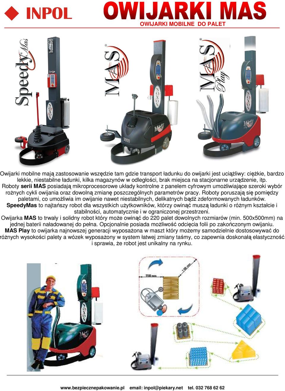 Roboty serii MAS posiadają mikroprocesorowe układy kontrolne z panelem cyfrowym umoŝliwiające szeroki wybór roŝnych cykli owijania oraz dowolną zmianę poszczególnych parametrów pracy.