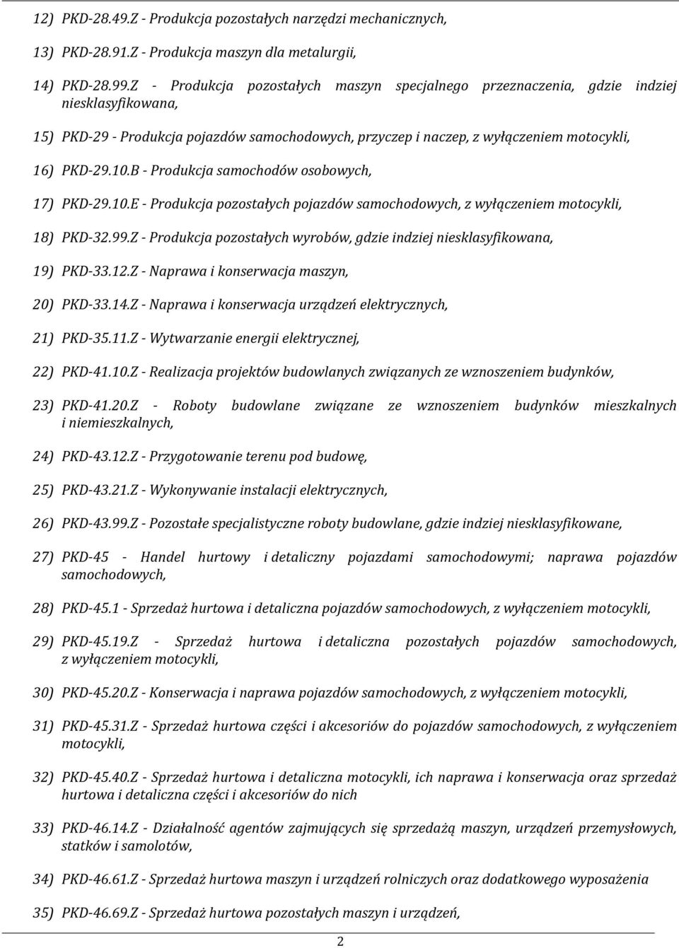 B - Produkcja samochodów osobowych, 17) PKD-29.10.E - Produkcja pozostałych pojazdów samochodowych, z wyłączeniem motocykli, 18) PKD-32.99.