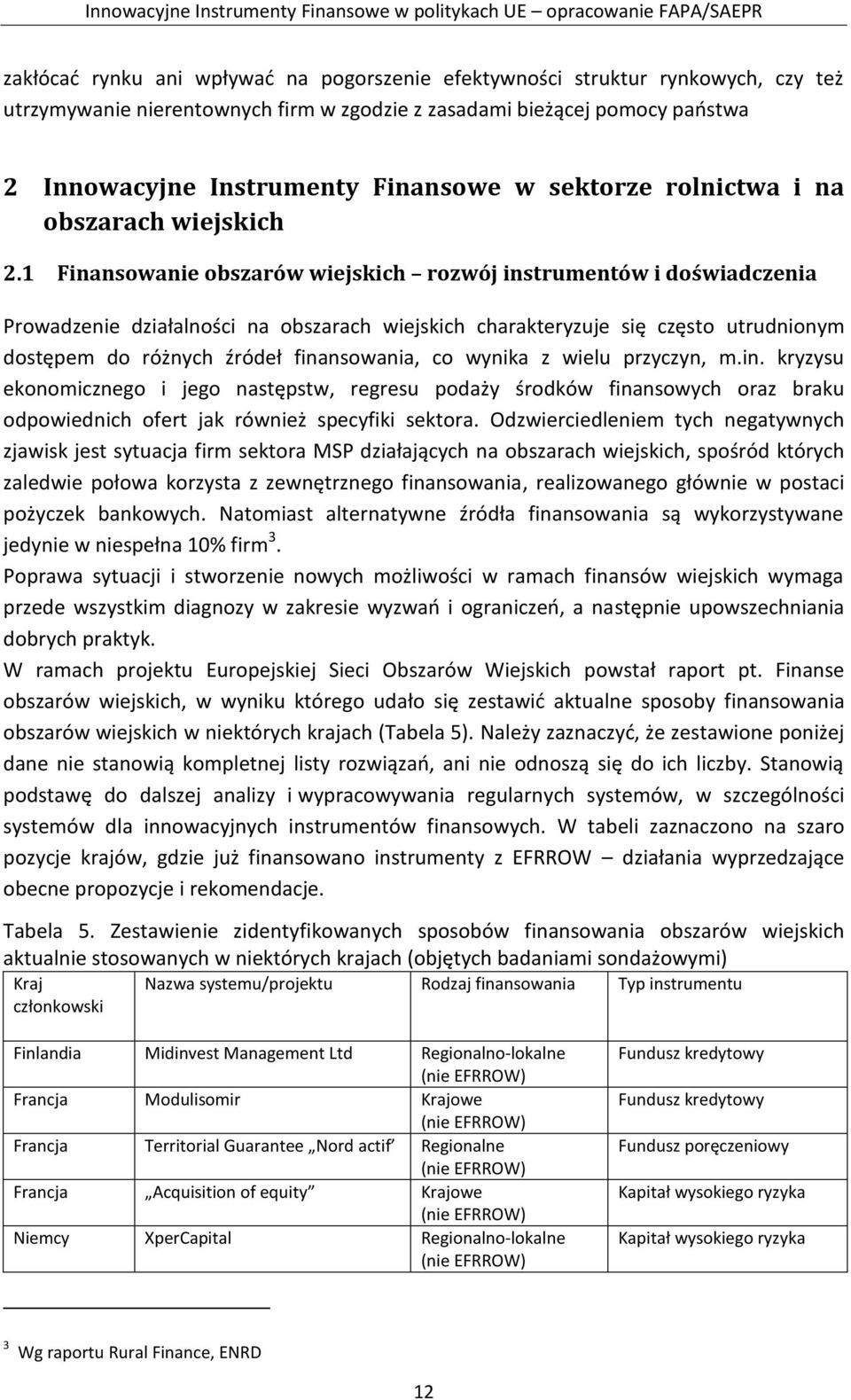 1 Finansowanie obszarów wiejskich rozwój instrumentów i doświadczenia Prowadzenie działalności na obszarach wiejskich charakteryzuje się często utrudnionym dostępem do różnych źródeł finansowania, co