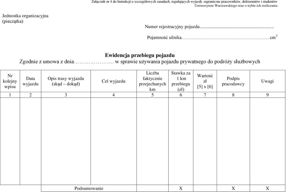 ..cm 3 Nr kolejny wpisu Ewidencja przebiegu pojazdu Zgodnie z umowa z dnia.