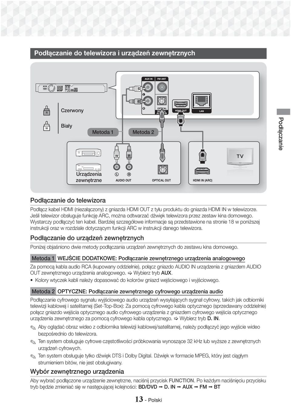 Wystarczy podłączyć ten kabel. Bardziej szczegółowe informacje są przedstawione na stronie 18 w poniższej instrukcji oraz w rozdziale dotyczącym funkcji ARC w instrukcji danego telewizora.