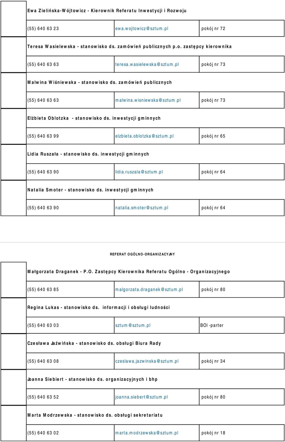 inwestycji gminnych (55) 640 63 99 elzbieta.oblotzka@sztum.pl pokój nr 65 Lidia Ruszała - stanowisko ds. inwestycji gminnych (55) 640 63 90 lidia.ruszala@sztum.