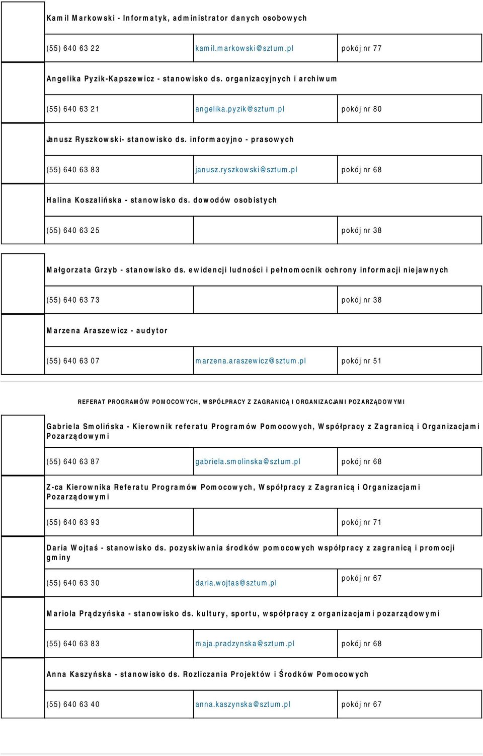 pl pokój nr 68 Halina Koszalińska - stanowisko ds. dowodów osobistych (55) 640 63 25 pokój nr 38 Małgorzata Grzyb - stanowisko ds.